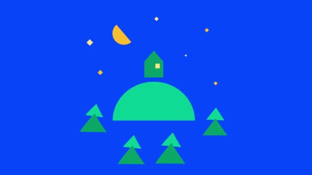 Video Dibujos Animados Casa Verde Árboles Por Noche Concepto Exploración — Vídeos de Stock