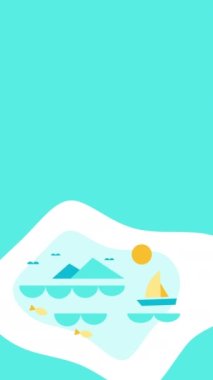 Mavi zemin üzerinde deniz, dağlar ve gemi 4k dikey video. Keşif kavramı.