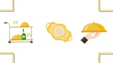 Beyaz arkaplanda çizgi film ikonunun 4k videosu. Restoran seti kavramı.