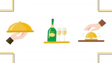 Beyaz arkaplanda çizgi film ikonunun 4k videosu. Restoran seti kavramı.