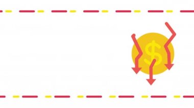 Beyaz arka planda çizgi film parası ve okun 4K videosu. Para kavramı.