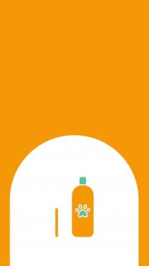 Çizgi film şampuanının 4k dikey videosu ve sarı beyaz arka planda tarak. Hayvan bakımı kavramı.