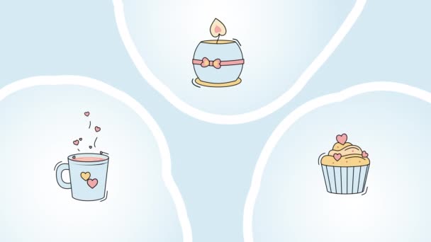 漫画の小さなケーキ キャンドルの4Kビデオと青の背景に熱い飲み物のカップ ロマンチックなアイコンセットの概念 — ストック動画
