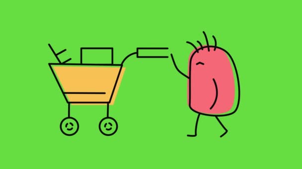 Video Cartoon Character Shopping Cart Green Background Concept Shopping — ストック動画