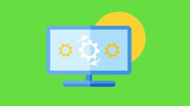 4k video of cartoon computer screen with gears on green background. Concept of information.