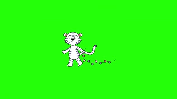 Video Cartoon Funny Tiger Himself Multi Colored Lights Green Background — ストック動画