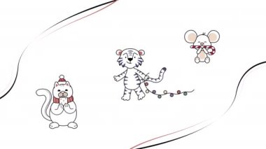 4k video of cartoon set of animals, such like cat,tiger and mouse on white background. Concept of New Years animal.