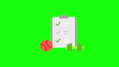 4k video of list icon, ball and dumbbells on green background. Concept of sport