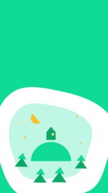4k vertical video of cartoon green plants , house on the hill, moon and stars on green background. Concept of exploring world.