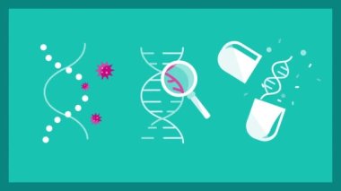 4k video of abstract set DNA and germs on green background. Concept of genetics.