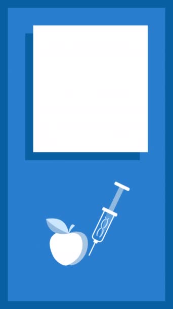 Vertical Video Cartoon Apple Syringe Blue Background Concept Genetics — Stock video