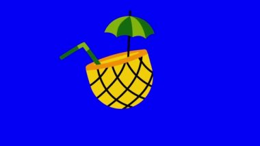Deniz mavisi arka planda çizgi film ananas kokteyli dizaynının 4k dikey videosu. Karnaval kavramı.