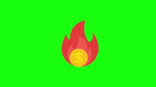 Βίντεο Από Κινούμενα Σχέδια Χρήματα Στην Πυρκαγιά Πράσινο Φόντο Έννοια — Αρχείο Βίντεο