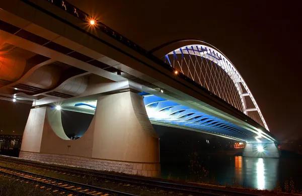 Bridge in Bratislava downtown during night. Slovakia. Name of br — Stock Photo, Image