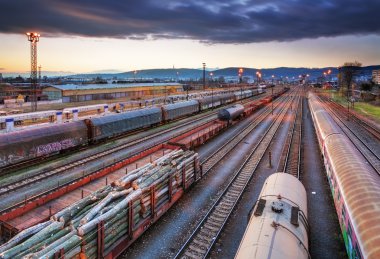 Gün batımında konteynırla birlikte kargo treni platformu