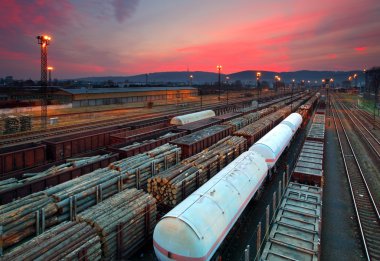 Gün batımında konteynırla birlikte kargo treni platformu
