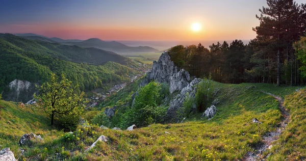 Montagne rocheuse verte au coucher du soleil avec chemin et soleil — Photo