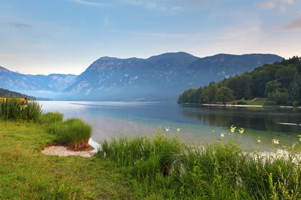 Όμορφη θέα. λίμνη, βουνό, αντανάκλαση. λίμνη bohinj. — Φωτογραφία Αρχείου