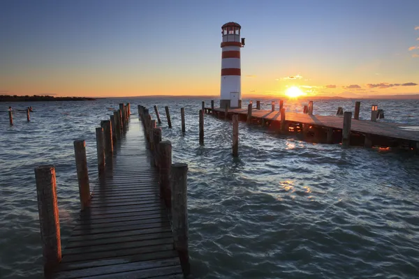 Lighthouse at Lake Neusiedl at sunset — Stock Photo, Image