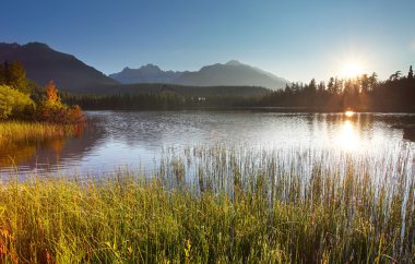 Sunset mountain lake - strbske pleso Slovakya.