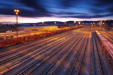 Gün batımında konteynırla birlikte kargo treni platformu