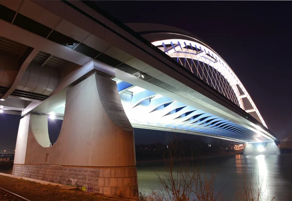 Bridge in Bratislava downtown during night. Slovakia. Name of br — Stock Photo, Image