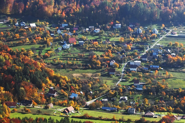 Autumn landscape with village in Slovakia countryside