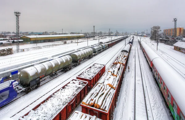 Plataforma de comboio de carga no Inverno, caminho-de-ferro - Transporte de mercadorias — Fotografia de Stock