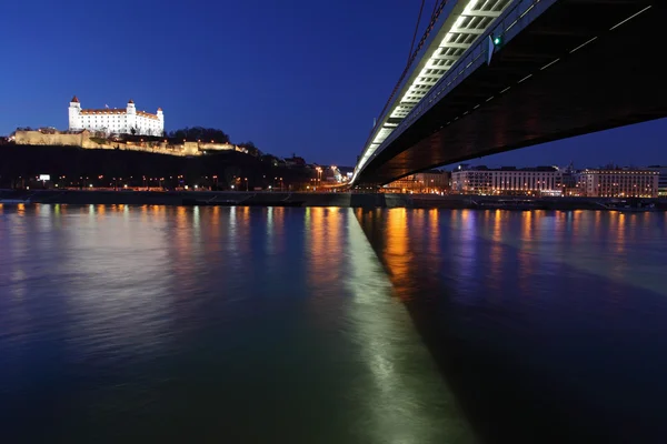 Bratislava castle and novy bridge at sunset with reflection