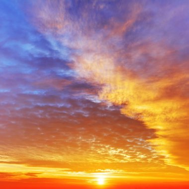 Sky with dramatic cloudy sunset and sun clipart