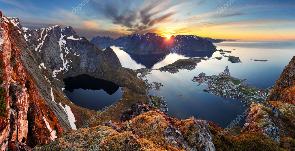 Nature panorama mountain landscape at sunset, Norway.