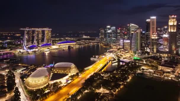 Time Lapse Night Day Aerial Singapore City Panorama Marina Bay — Stock Video