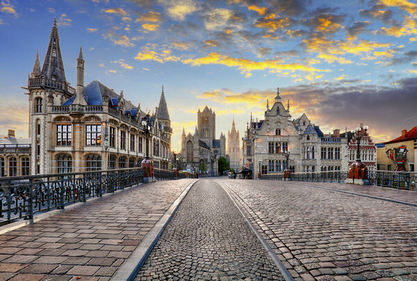 Belgium historic city Ghent at sunset