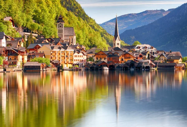 Hermoso Verano Alpine Hallstatt Ciudad Lago Hallstatter Ver Vista Austria —  Fotos de Stock