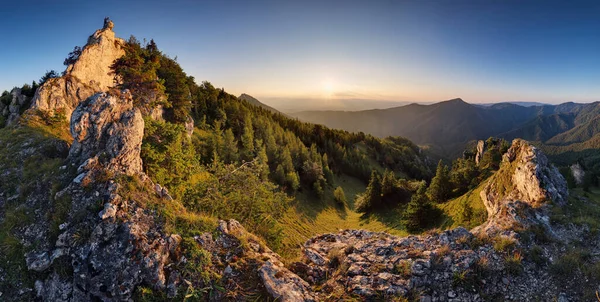 Skog Och Berg Berg Med Sol Vid Vacker Solnedgång Panorama — Stockfoto