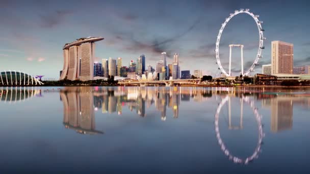 Zeitraffer Der Skyline Von Singapur Bei Sonnenuntergang Geschäftsviertel Marina Bay — Stockvideo