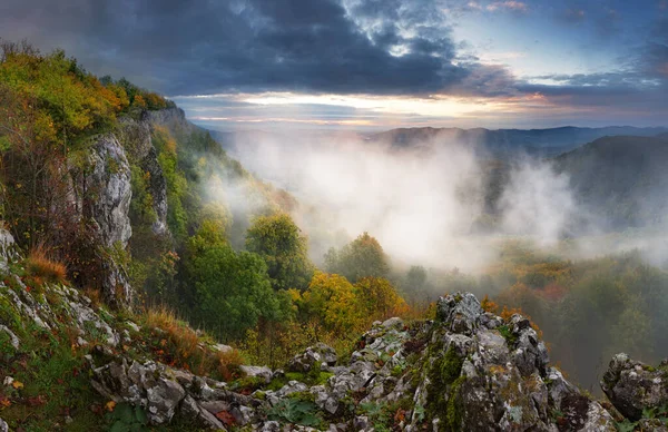 Beautiful Autumn Morning View Point Deep Forest Valley Carpathian Slovakia — Zdjęcie stockowe
