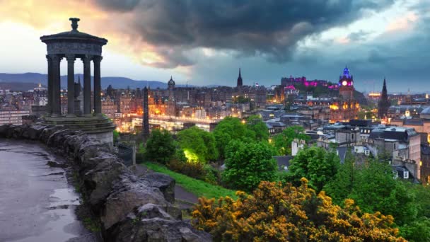 Time Lapse Edinburgh Skyline Castle Calton Hill Sunset Night Scotland — Video