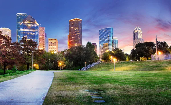 Houston Texas Skyline Modern Skyscrapers Blue Sky View Park River — Fotografia de Stock