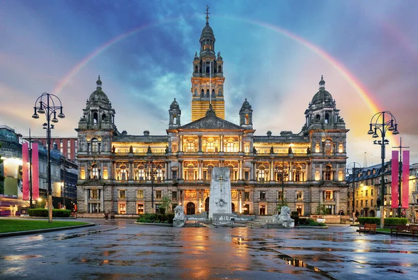 Tęcza Nad Glasgow City Chambers George Square Szkocja Wielka Brytania — Zdjęcie stockowe
