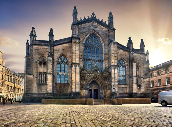 Scotland, Edinburgh - gothic architecture of St, Giles\' Cathedral against sunrise Old Town.