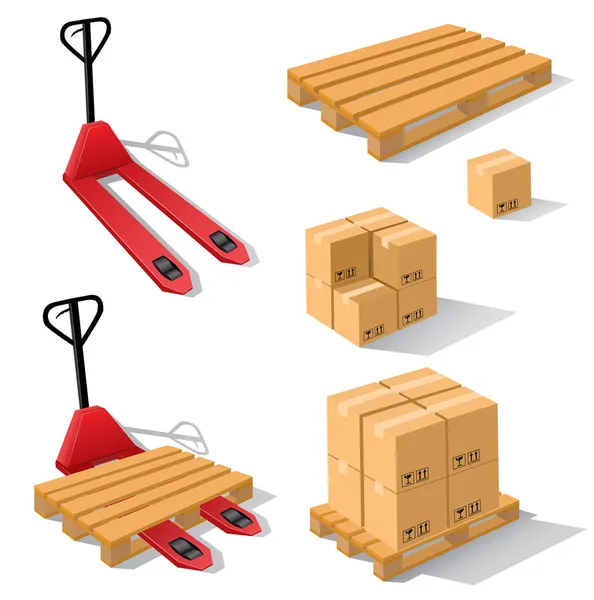 Hand forklift with pallets and boxes — Stock Vector