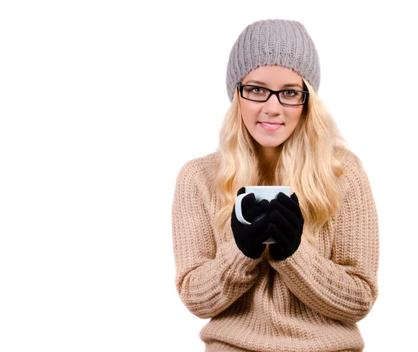 Menina de inverno beber chá . — Fotografia de Stock