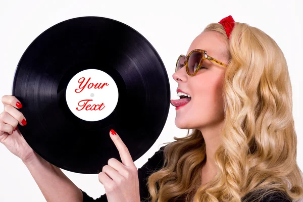 Retro girl with vinyl LP — Stock Photo, Image