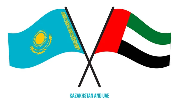 Флаги Казахстана Оаэ Пересекаются Машут Плоским Стилем Официальная Доля Правильные — стоковый вектор