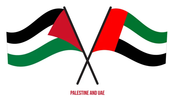 Palestina Emiratos Árabes Unidos Banderas Cruzadas Ondeando Estilo Plano Proporción — Vector de stock