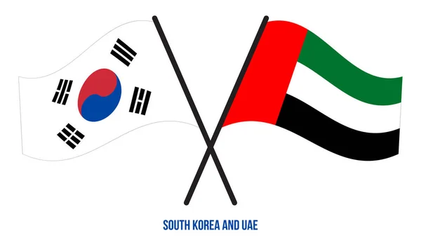 Coreia Sul Emirados Árabes Unidos Bandeiras Cruzadas Acenando Estilo Plano — Vetor de Stock