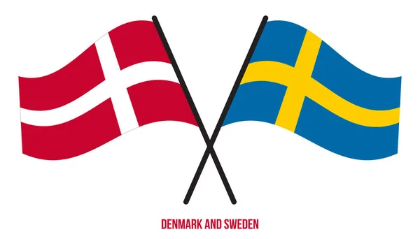 Bandeiras Dinamarca Suécia Cruzadas Acenando Estilo Plano Proporção Oficial Cores — Vetor de Stock