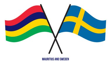 Mauritius ve İsveç Bayrakları Çarpıştı ve Sallanan Düz Stil. Resmi Orantı. Renkleri Düzelt.