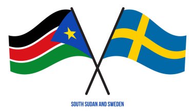 Güney Sudan ve İsveç Bayrakları Çapraz ve Dalgalı Düz Stil. Resmi Orantı. Renkleri Düzelt.